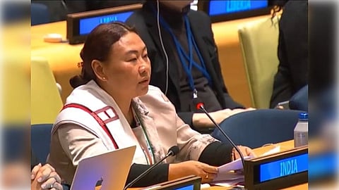 S. Phangnon Konyak, a BJP member of the Rajya Sabha, speaks at the United Nations General Assembly’s Legal Committee on Monday, October 13, 2025