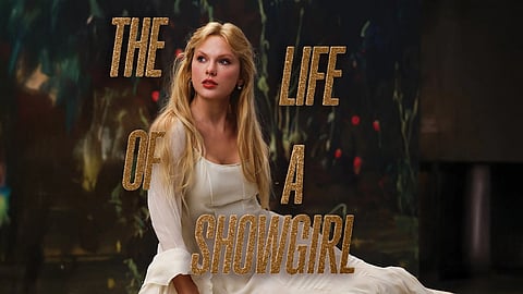A look of the cover of Taylor Swift's new album featuring Taylor Swift with the name of the album "The Life of a Showgirl" in the background.