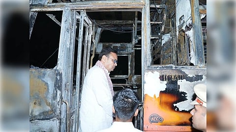 Jaisalmer: Rajasthan Chief Minister Bhajanlal Sharma visits the site of the tragic bus fire near Thaiyat village on the Jaisalmer-Jodhpur highway, after a moving bus caught fire killing around 20 people and injuring many, in Jaisalmer on Tuesday, October 14, 2025