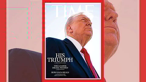 Trump poster on the cover of Times magazine with "HIS TRUMPH" written in it. Trump is wearing coat.