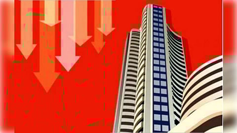 Illustration of a tall, modern building on the right with large red arrows pointing downward on the left, set against a bold red background, conveying a theme of financial decline.