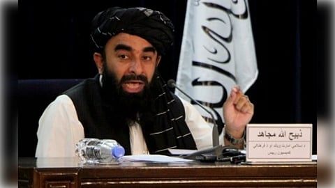 Taliban spokesman Zabihullah Mujahid speaks during a press conference in Kabul, Afghanistan, on Sept. 7, 2021.