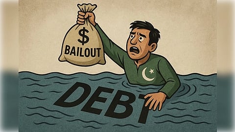 A distressed pakistani man in water labeled "DEBT" holds a bailout money bag. His shirt displays a crescent. The comic conveys financial struggle and hope.