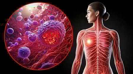 A digital illustration shows a woman's muscular system in red, facing right. Inset is a red circle with a detailed close-up of cells, suggesting a scientific theme.