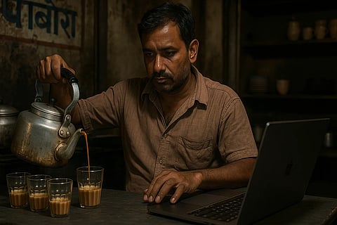 A tea seller pouring tea while operating a laptop