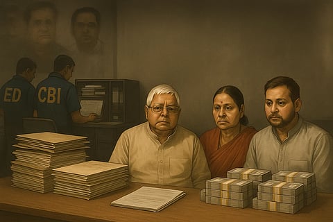 AI generated image of Land for jobs scam which depicts lalu yadav, Rabri devi and their son Tejashwi Yadav sitting across a table with illegal money and documents of lands they received in exchange for jobs in railway.