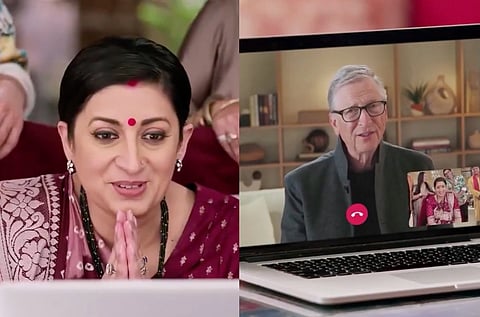 Image of Smriti Irani's character Tulsi from the Tv serial Kyunki Saas Bhi Kabhi Bahu Thi' video conferencing Bill Gates to discuss health of new mothers and their well being.