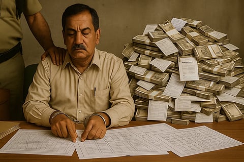 A revenue officer in handcuffs, sitting next to a large pile of money and property papers.