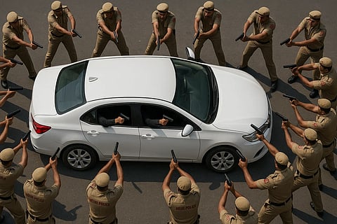 Delhi Police officers surrounding a white car, while gang members point guns back at them.