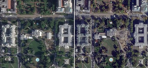Satellite image of showing before and after shots of the white house demolition where the east wing has been completely demolished.