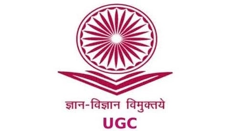 In the image UGC logo is shown with ashok chakra and a open book and UGC is written
