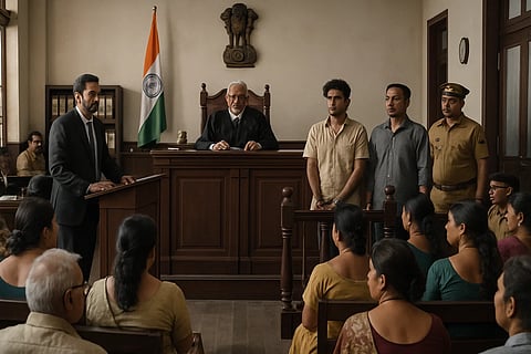 An Indian courtroom with witnesses, accused, prosecuters, and a judge in frame