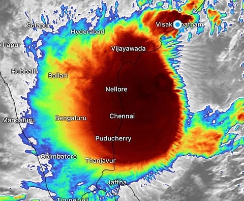An illustration showing heat signs where Cyclone Montha is going to hit.