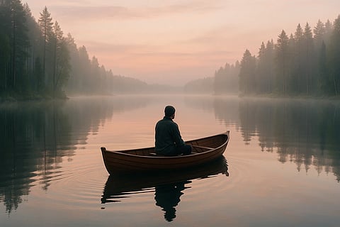 AI image of a serene Finnish lake at dawn, surrounded by mist and pine forests. A small wooden rowboat drifts gently on still, glassy water that perfectly reflects the pastel sky and soft morning light.