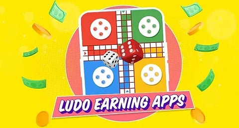 Image of Ludo earning app with visual graphics of gold coins, dice and cash. The background is yellow.