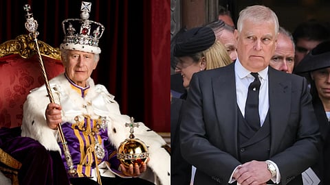 Coronation Portrait of King Charles III in his Royal attire with his crown and image on the right is of Former prince Andrew