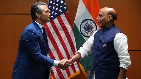 Image of Defence Minister Rajnath Singh and US Secretary of War Pete Hegseth  shaking hands after signing a 10-year ‘Framework for the US-India Major Defence Partnership’