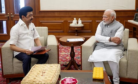 Narendra Modi sitting with M. K. Stalin in an office on 27th September, 2024.