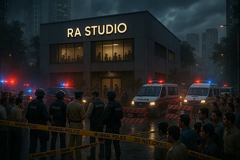 AI image of RA studio where Rohit Arya held 19 hostages out of which 17 were children. The picture includes police and commandos for the rescue operation and crowd.