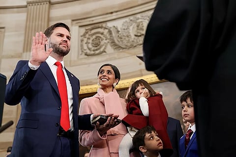 JD Vance taking the oath of office as the 50th Vice President of the United States, along with his wife, Usha Vance, and three children.
