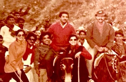 Old image of Boney Kapoor's 1986 Vaishno Devi Trip. Boney is riding a horse and the photo also shows his other companions from the film industry.