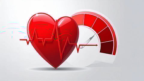 An illustration of the red heart symbol with the lines tat depicts life and there is a clock in the background.