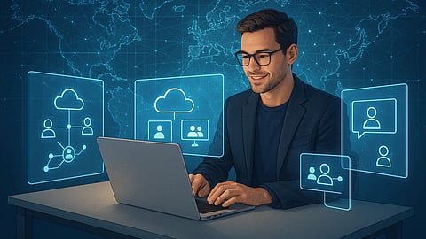 A professional working remotely on a laptop, symbolizing how digital transformation enables global careers without borders. We can see the visualization of digital web in the background.