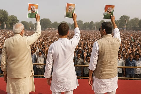 Narendra Modi, Rahul Gandhi, and Prashant Kishor stand facing a large crowd of voters in Bihar. They each are holding up a manifesto.