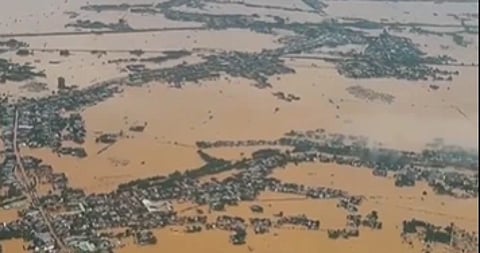 Aerial view of Vietnam flood from aeroplane The whole country is submerged in water