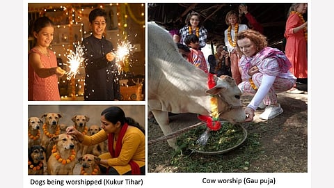 In the image the diwali images are shown with cow dogs and fire crackers