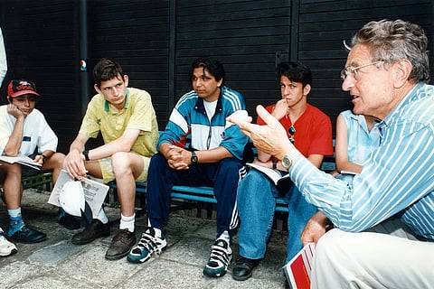 George Soros speaking to Roma youth at a summer camp in Budapest, 1997.