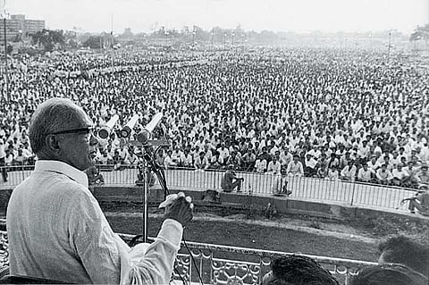 JP Narayana speaking to a crowd during the Sampurna Kranti, or Total Revolution movement in Bihar.