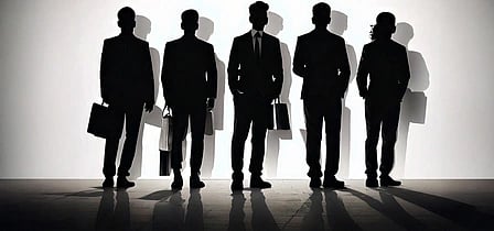 In the image shadow of five people are shown in office dress with bag