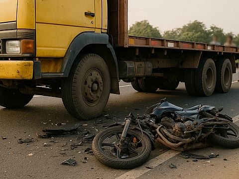 An AI generated representation image of road accident with a motorcycle crushed with a truck