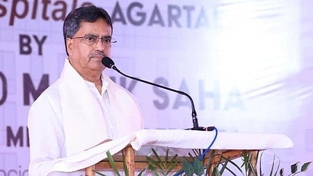 In the image Tripura Chief Minister Manik Saha adressing the audience in a Infrastructure boost conference