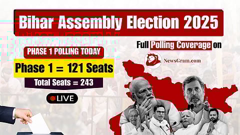 Bihar Assembly Election 2025 banner with key political figures, India map, and details on polling for 121 of 243 seats. Live coverage by NewsGram.