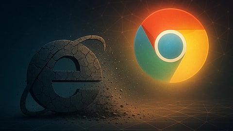 The greyed-out Internet Explorer logo symbolizes its fall, while the vibrant Chrome logo rising above represents innovation and the new era of web dominance.