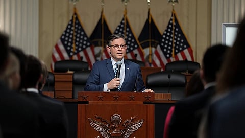 In the image US House Speaker Mike Johnson (R-La.) speaks during a news conference