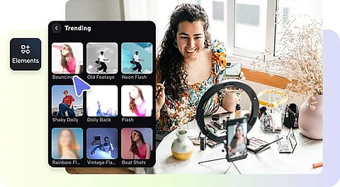 Pippit filters on the left, composited over an image of woman shooting a video of herself.