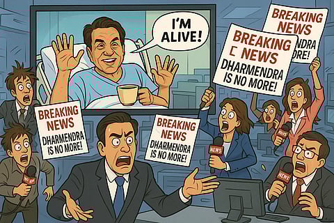 Actor Dharmendra lying in a hospital bed on TV says, "I'm alive!" Reporters in shock hold signs reading, "Breaking news: Dharmendra is no more!" Emotions are chaotic.