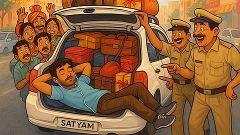 An AI illustration of the viral moment where a young man is sleeping in the car boot with earphones on, while Delhi police and family members laugh at the scene. The car is packed with boxes and luggage, indicating it is returning from a wedding celebration.