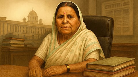 In the image Rabri Devi is shown the image is AI generated and there are books in front of her and she is sitting in an office chair