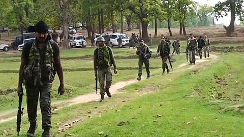 Security personnel walk in formation through a forested area, with trees and parked vehicles visible in the background.