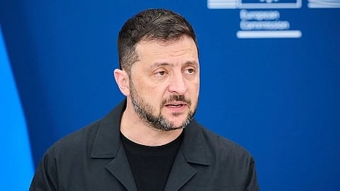 Image of President Zelenskyy giving speech when he made his Visit to the European Commission - 2025