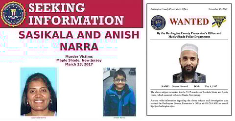 An FBI poster seeking information on the murder of sasikala and anish narra, with their photos (left). A wanted poster by maple shade police naming Nazeer Hameed.