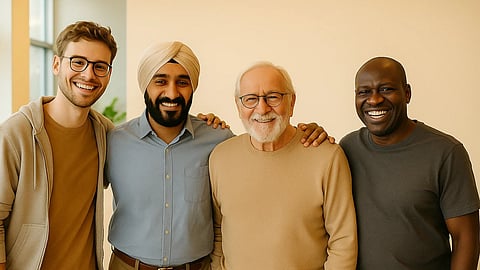 Four diverse men stand closely together, smiling warmly. Each has an arm around another in a friendly gesture, radiating camaraderie and joy.