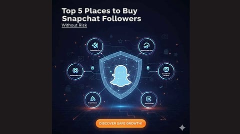 Graphic listing top 5 sites to buy Snapchat followers safely. Central shield displays Snapchat logo with surrounding icons and dark tech theme.