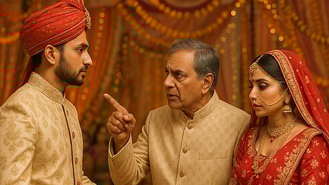 A tense moment at a traditional wedding: an elder man in a beige sherwani gestures sternly at a groom, while the bride in red looks concerned.