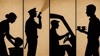 Silhouetted panel art depicts four scenes: a woman washing dishes, a police officer with a flashlight, a driver in a car, and a man carrying coffee cups.