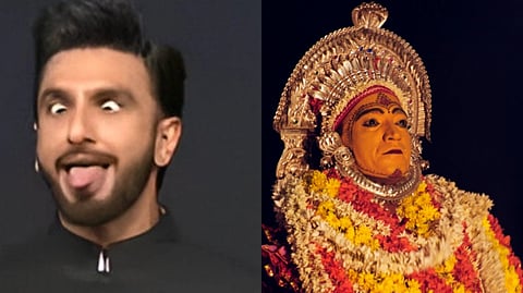 A collage that has the Goddess Chamundi Daiva on one side and the actor Ranveer Singh enacting the Kantara movie scene on the other.